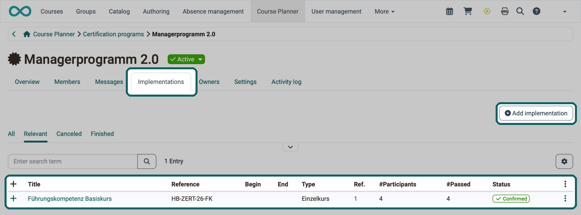Linked implementation with type, number of participants, #Passed column and status, plus the Add implementation button