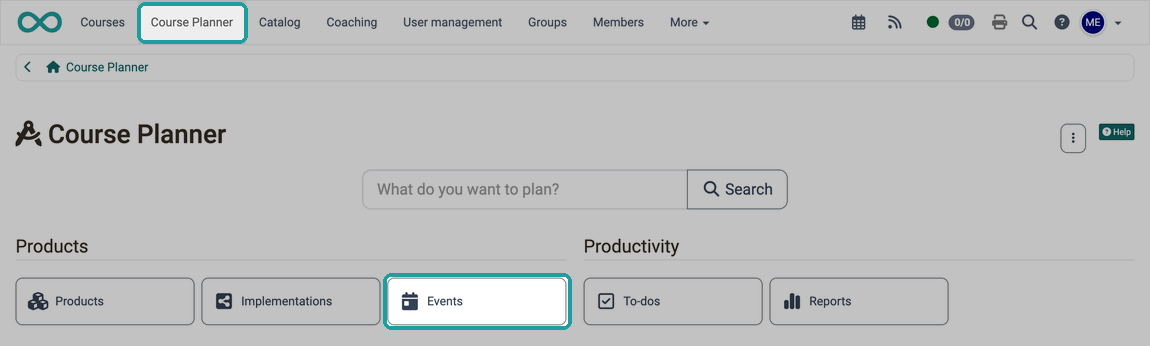 The way to the events: the Course Planner entry in the main navigation and the Events button, both highlighted on the overview of the Course Planner