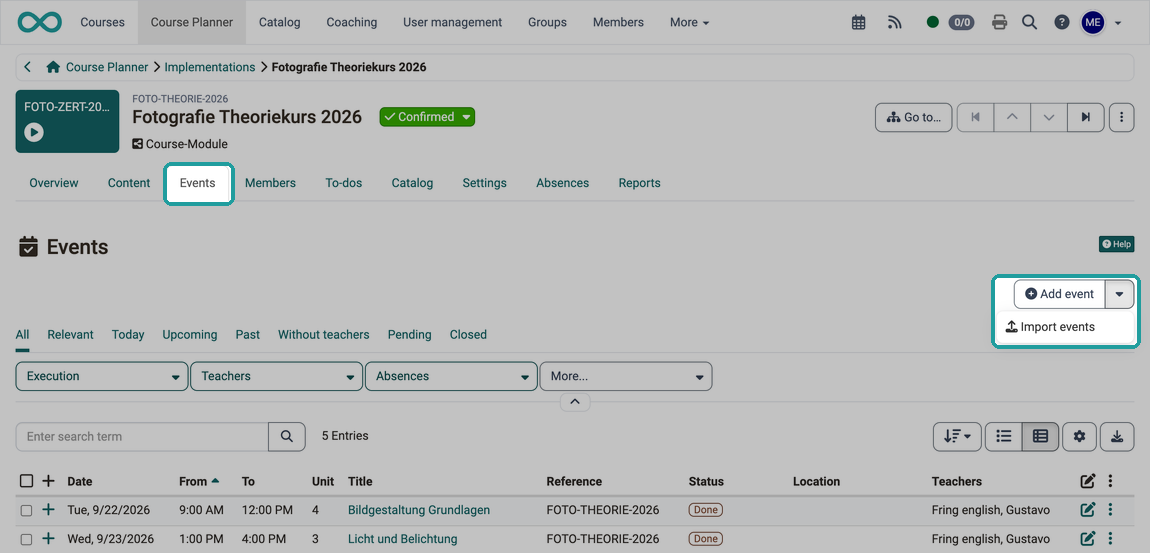 The Add event button with the expanded Import events entry, in the Events tab of an implementation