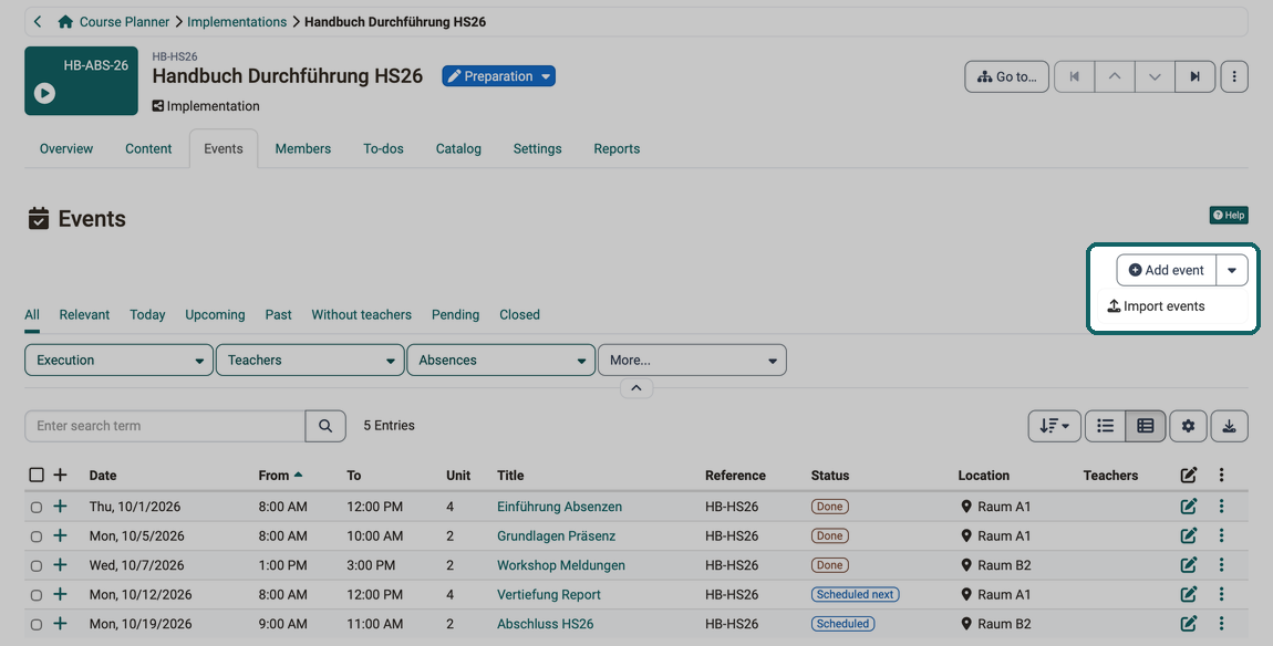 Events tab of an implementation · 2026.10.07 The Add event button with the expanded Import events entry