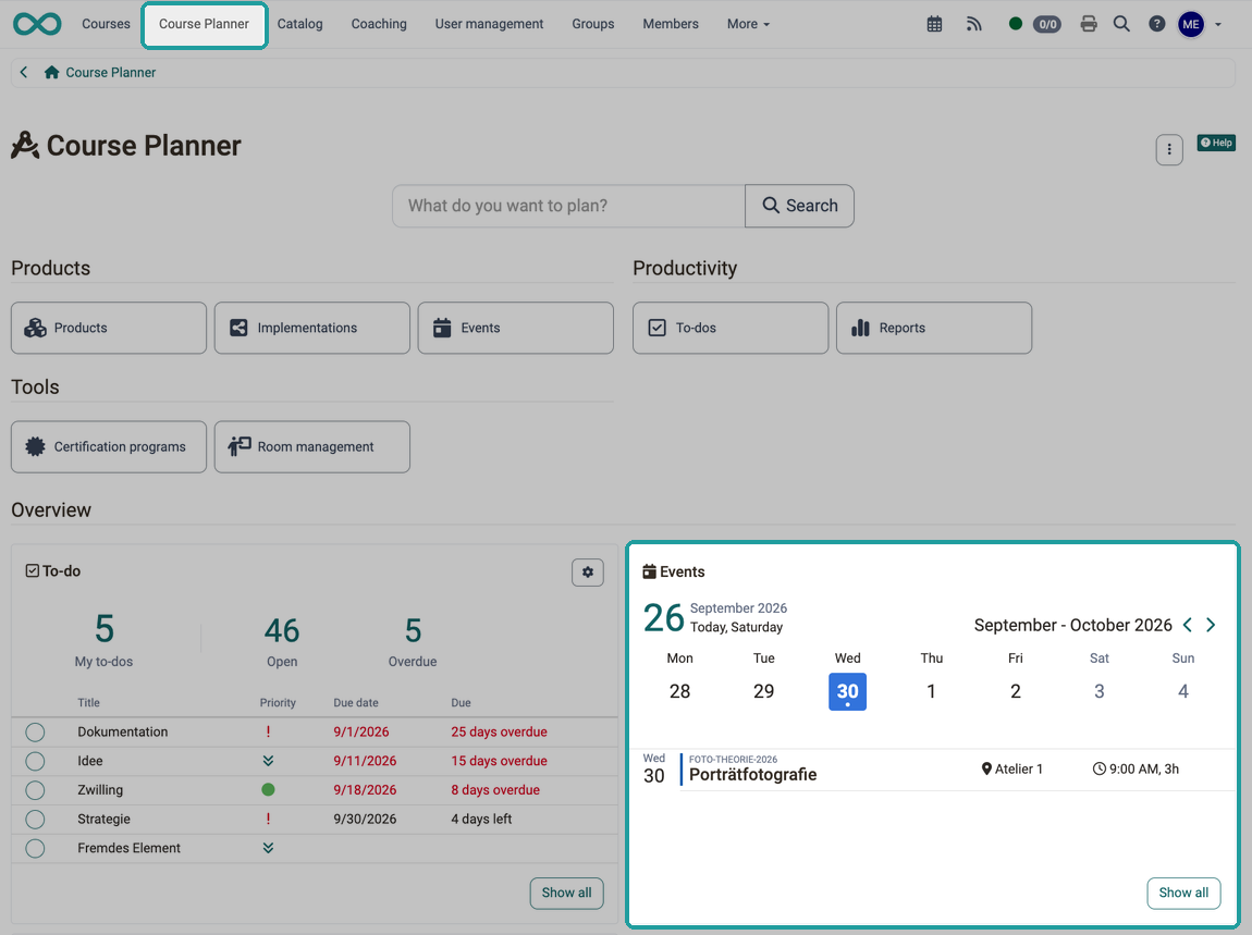 Course Planner entry in the main navigation and Events widget with the week bar and the events of the selected day, highlighted on the overview of the Course Planner