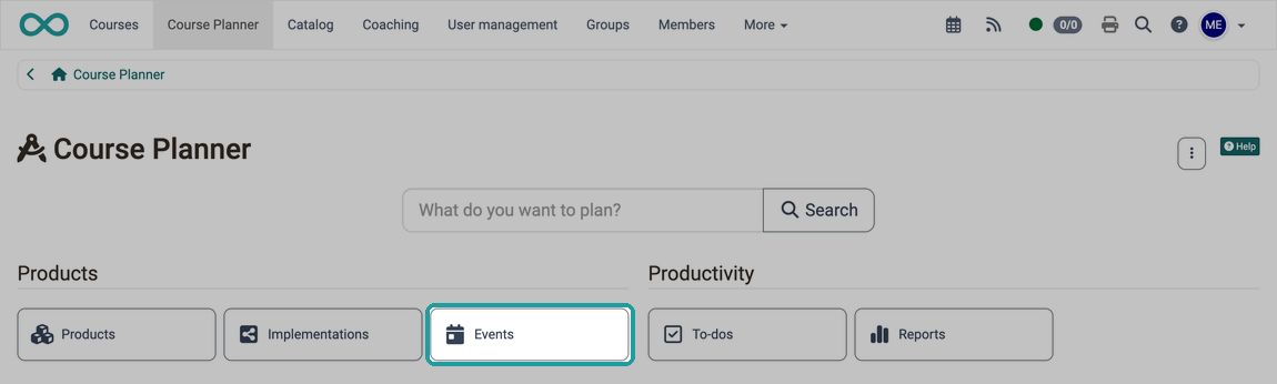Events button in the Products area, highlighted on the overview of the Course Planner