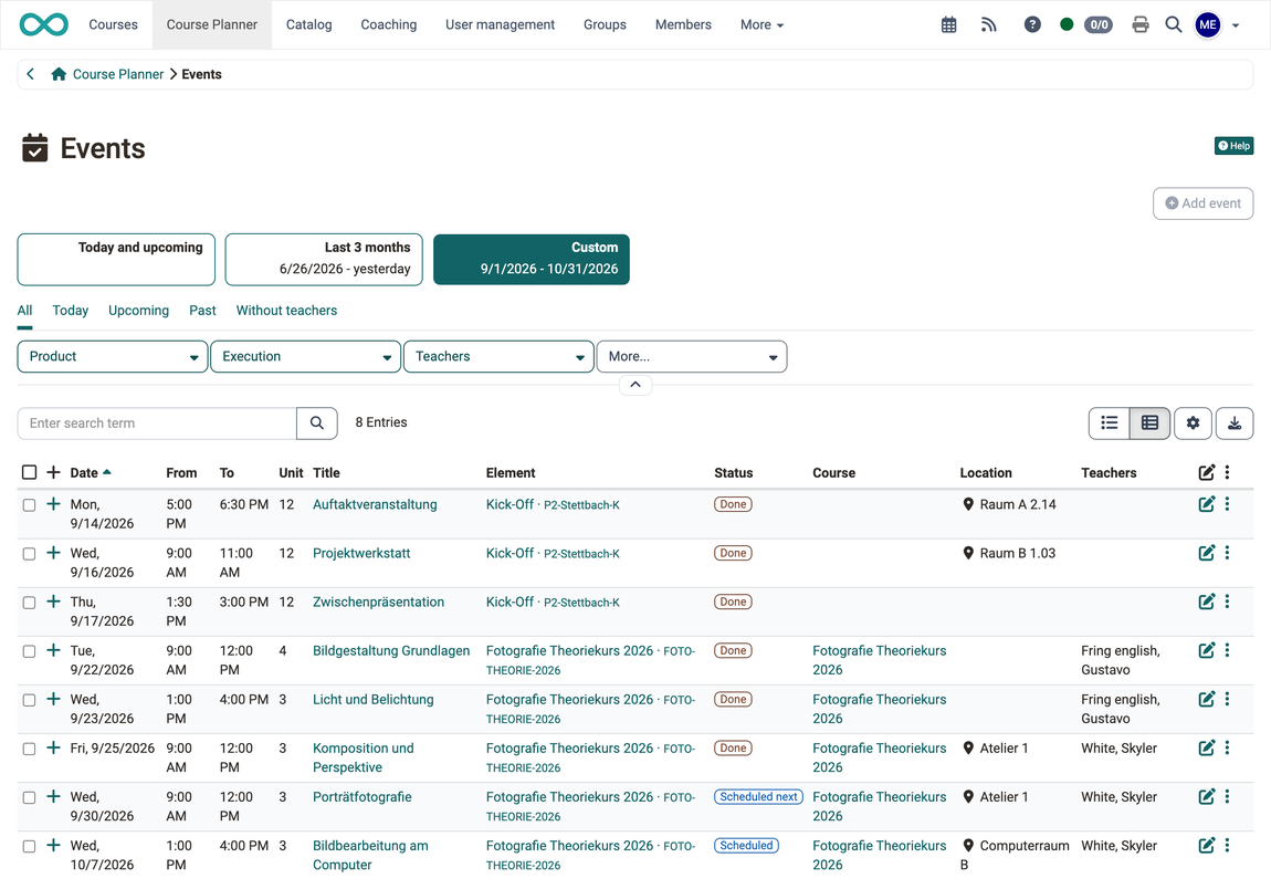 All events with status, element, course, location and teachers, above them the period tiles, tabs and the filters Product, Execution and Teachers, Events area in the Course Planner