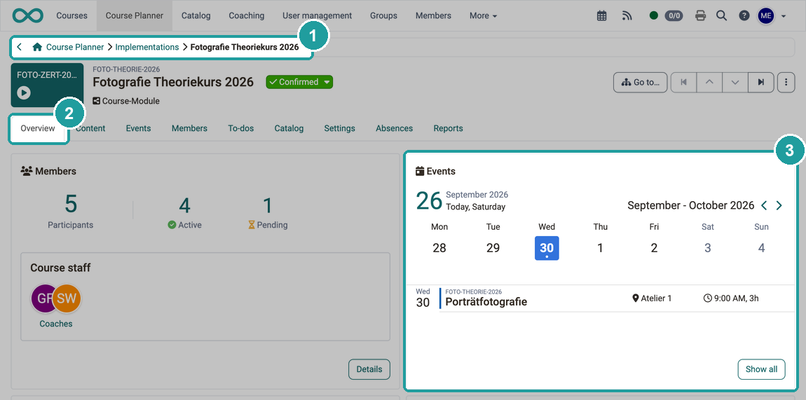 Events widget with the week bar and the event of the selected day, numbered the way via the implementation to the Overview tab
