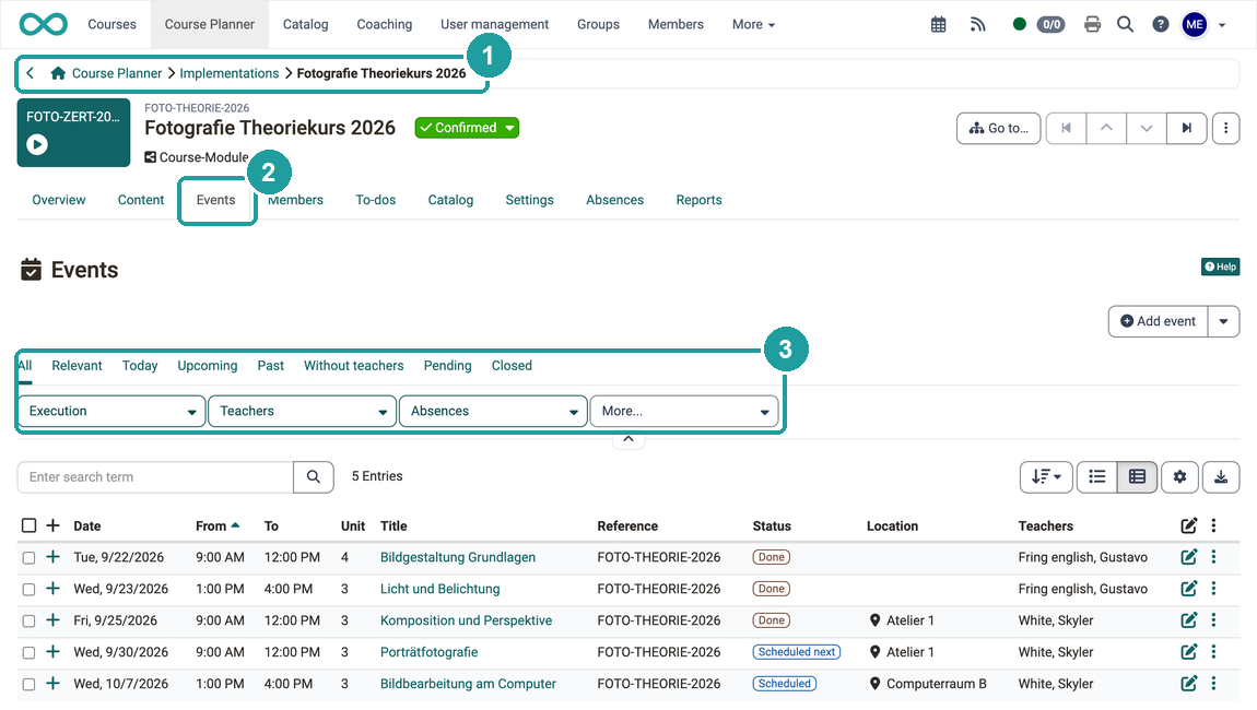 Tabs and filters above the event list with status, location and teachers, numbered the way via the implementation to the Events tab