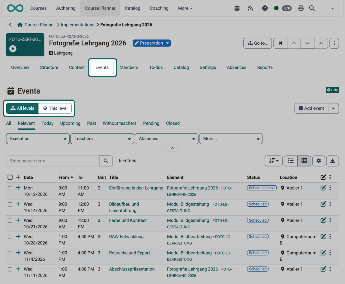 Events tab of an implementation · 2026.10.08 With All levels the event list also shows the events of the modules, the Element column names the module