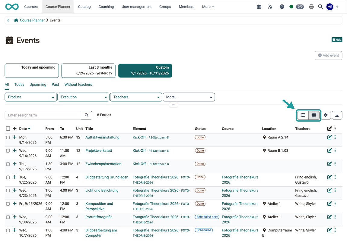 Switch to the table view highlighted, below it the events as a table with date, time, title, element and status, Events area in the Course Planner
