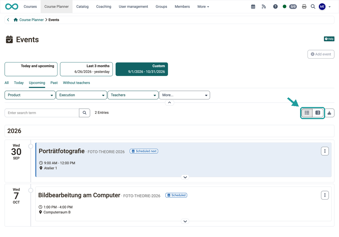 Switch to the timeline highlighted, below it the upcoming events as a timeline by day, Events area in the Course Planner