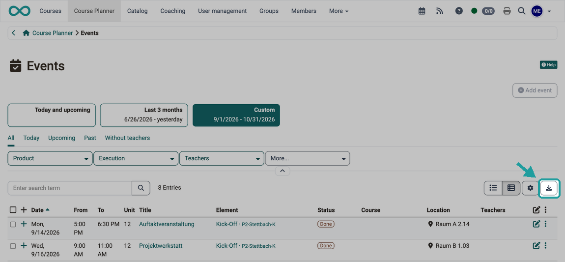 The download button at the top right above the event list, highlighted in the Events area of the Course Planner