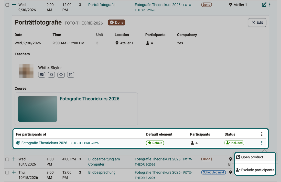 Detail view of an event · 2026.10.08 At the bottom of the detail view the table For participants of, in the 3-dot menu Open product and Exclude participants