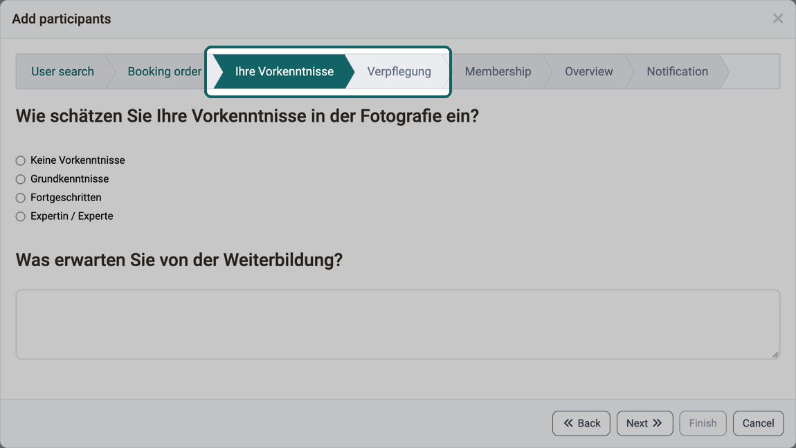 Step of a form in the Add participants wizard · 2026.10.02 Two steps for forms between the Booking order and Membership steps