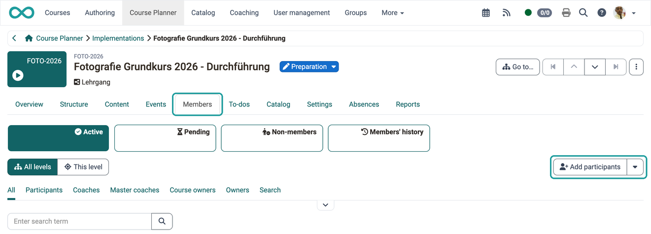 The Add participants button at the top right of the member list, which starts the wizard for adding members, in the Members tab of an implementation