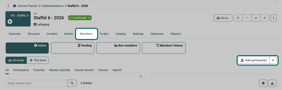 Members tab of an implementation · 2026.10.02 The Add participants button at the top right of the member list, which starts the wizard for adding members