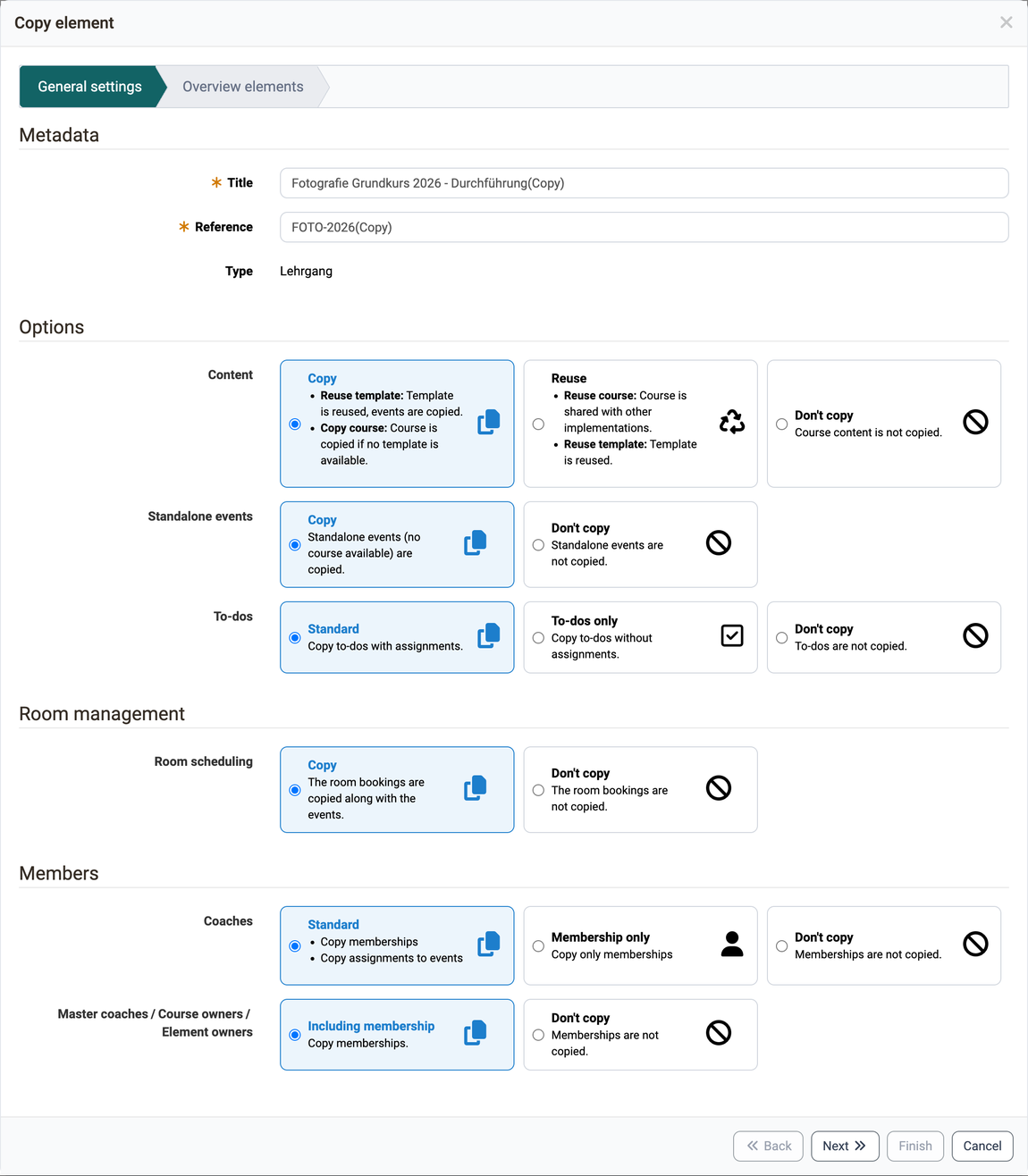 Title and reference of the copy as well as the options for course content, standalone events, to-dos, room scheduling and memberships, in the General settings step of the Copy element wizard