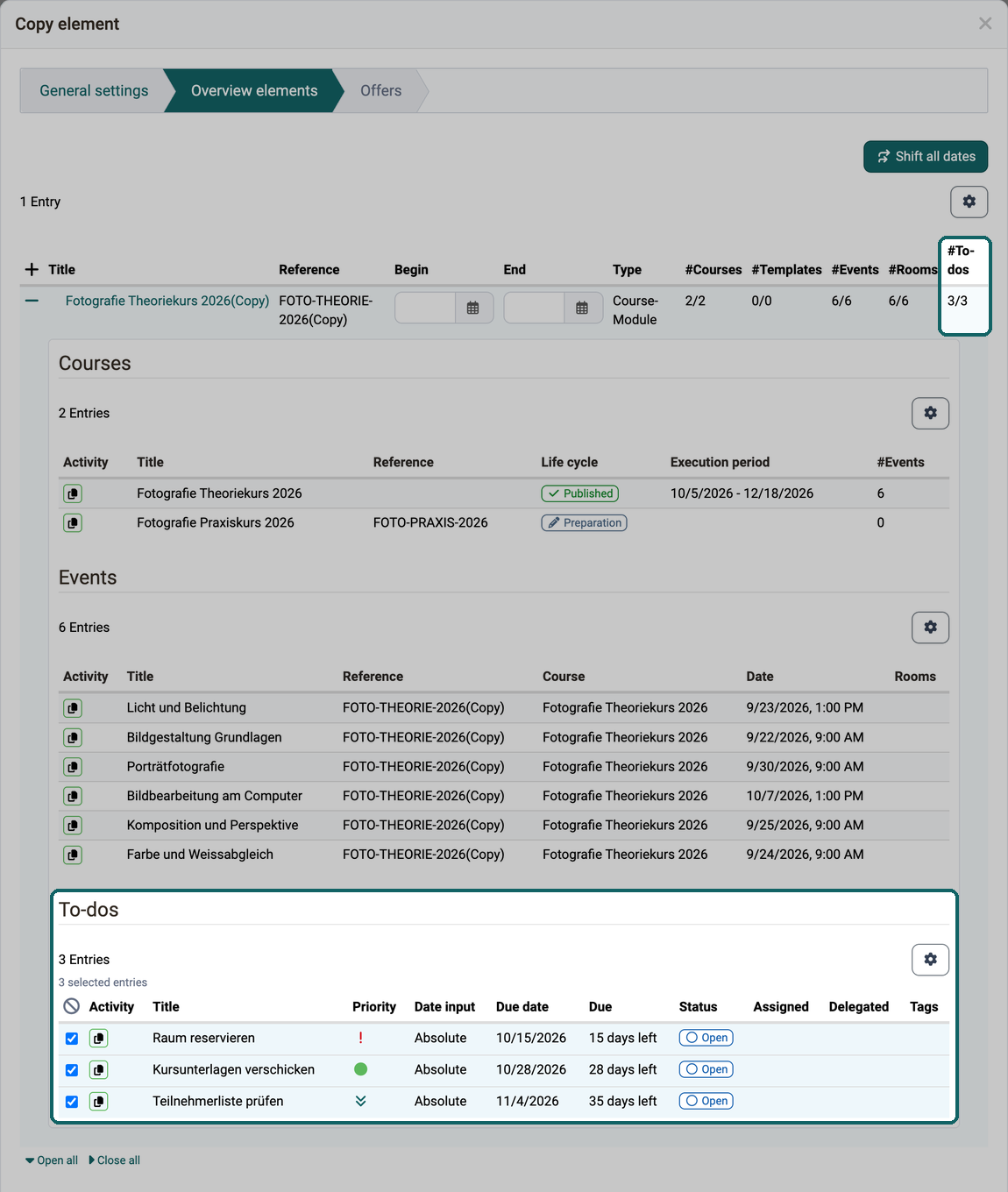 Overview elements step · 2026.09.30 The #To-dos column in the overview of the elements and below it the To-dos area of an expanded element with three selected to-dos that are copied along
