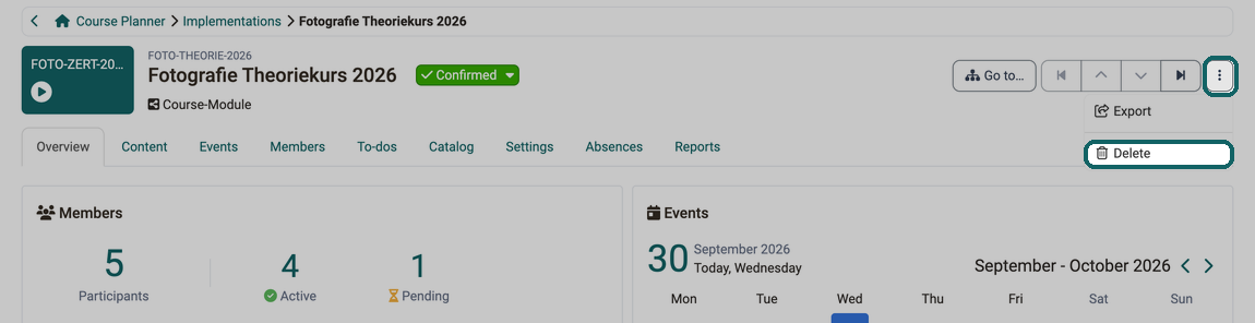 Header of an opened implementation · 2026.09.30 The Delete action in the menu of the 3 dots at the top right, above the tabs