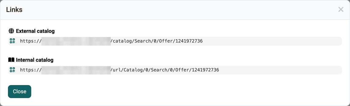 Links dialog in the Catalog tab · 2026.09.30 The Links dialog with one direct link to the offer each for the external and the internal catalog, a QR code icon in front of each link