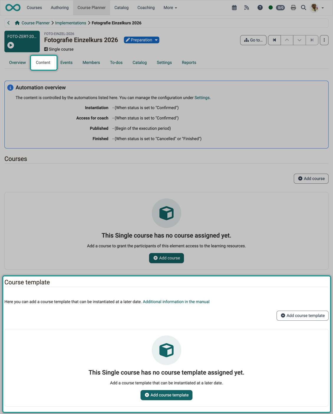 The Course template section with the Add course template button below the still empty course list, in the Content tab of an implementation of type Single course