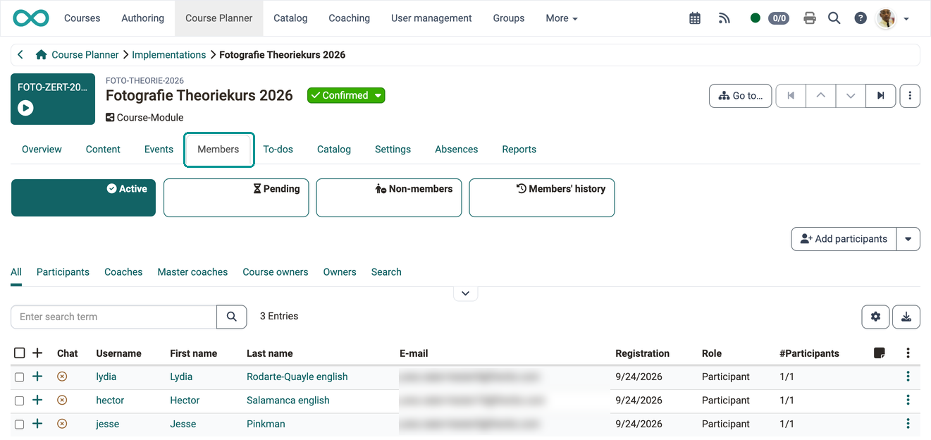 The members of an implementation filtered by role, with the views Active, Pending, Non-members and Members' history, in the Members tab