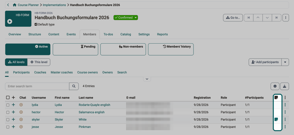 Members tab · 2026.09.30 A note icon in the member list shows which participant has left a comment on the booking