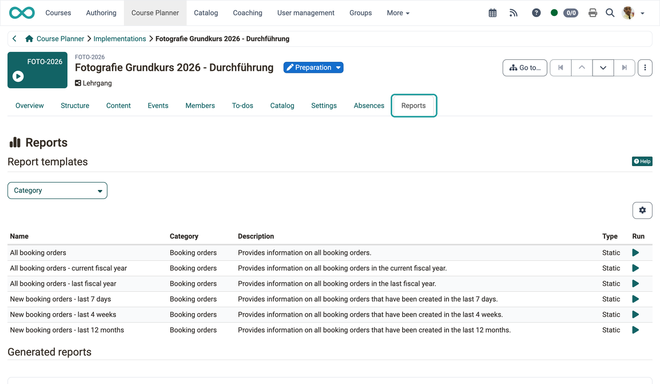 The report templates with category, description and type, the Run column and below it the Generated reports section, in the Reports tab of an implementation