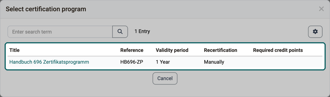Select certification program dialog · 2026.10.02 The program list with title, reference, validity period, recertification and required credit points