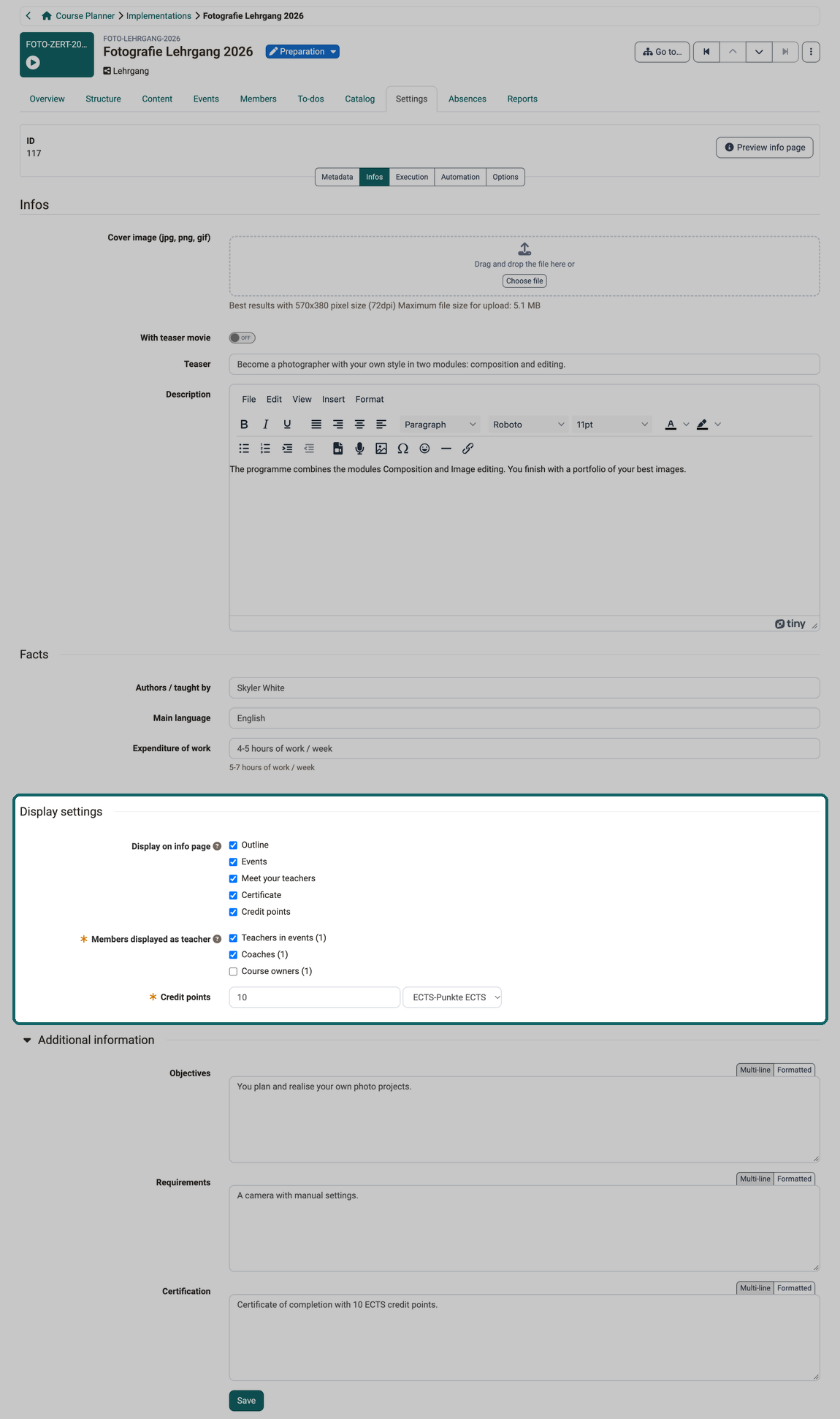 Infos sub-tab of the settings of an implementation · 2026.10.09 Five options from Outline to Credit points, the roles with their number of people and the Credit points field with amount and credit point system