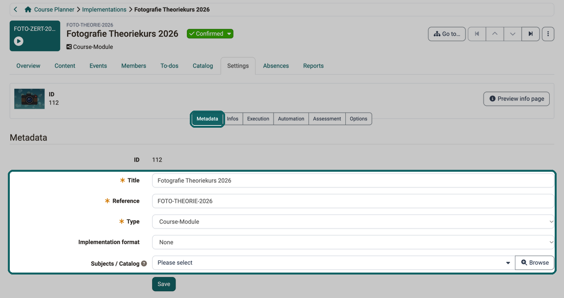 Metadata sub-tab of the settings of an implementation · 2026.09.30 The mandatory fields Title, Reference and Type as well as the fields Implementation format and Subjects / Catalog