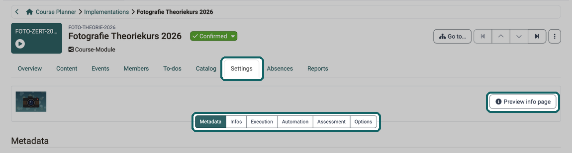 Settings tab of an implementation · 2026.10.02 The sub-tabs of the settings from Metadata to Options and the Preview info page button