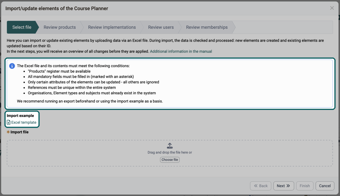 Conditions for the Excel file and the Excel template link under Import example