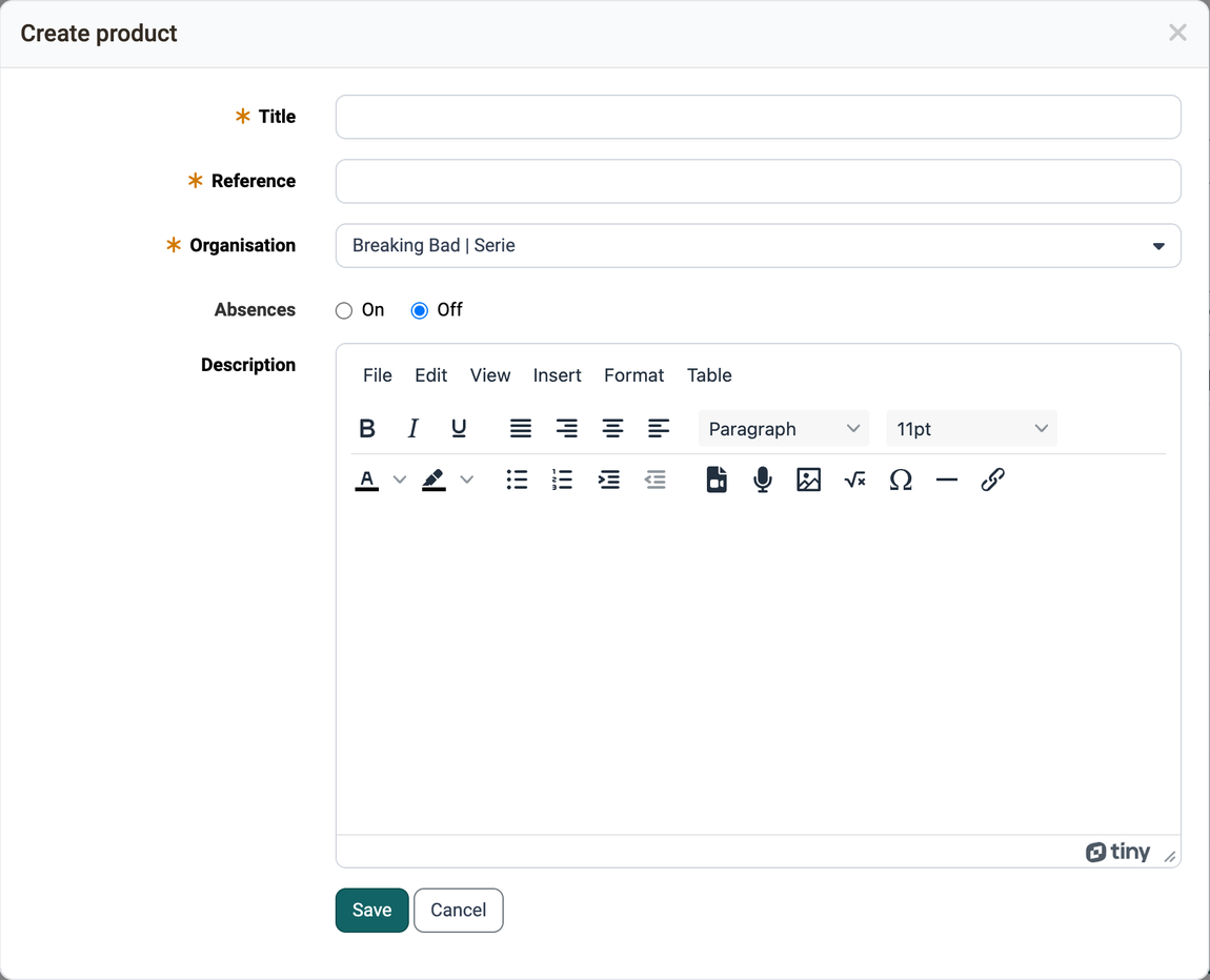 Title, Reference and Organisation as mandatory fields, plus the Absences selection and the editor for the description