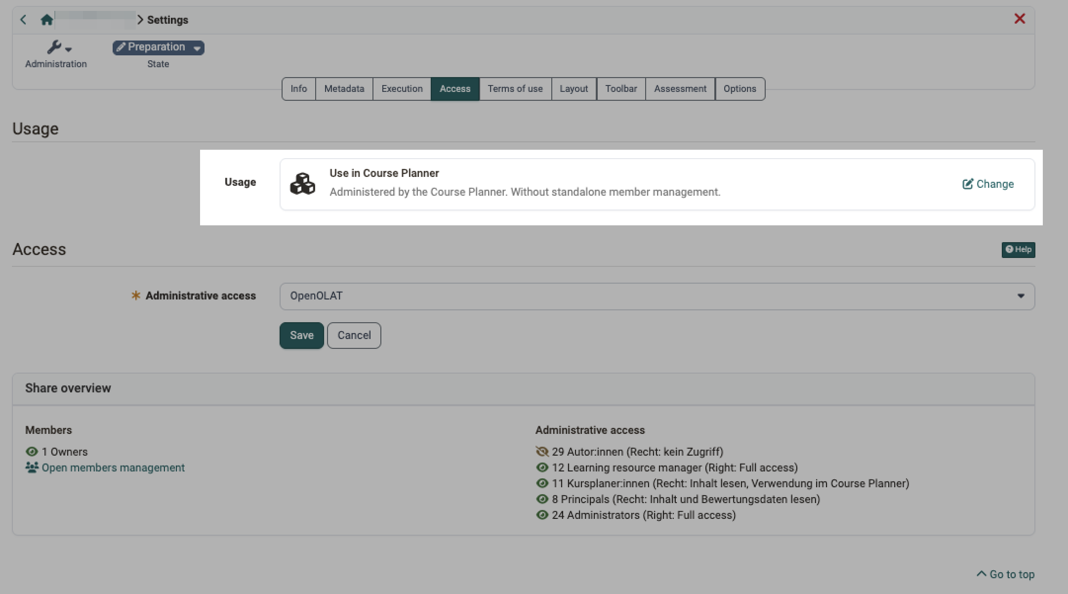 Access tab in the settings of a course: the Usage section shows "Use in Course Planner" as the usage, the course is administered by the Course Planner and has no standalone member management