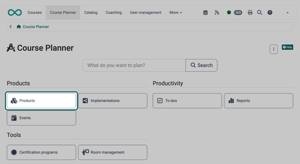 On the start page of the Course Planner, the Products button in the Products section leads to the list of all products