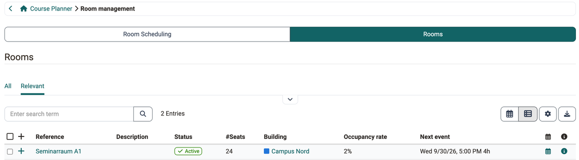 Rooms in Room management · 2026.09.30 A room with Reference, Description, Status, #Seats, Building, Occupancy rate and Next event, plus a calendar and a details icon