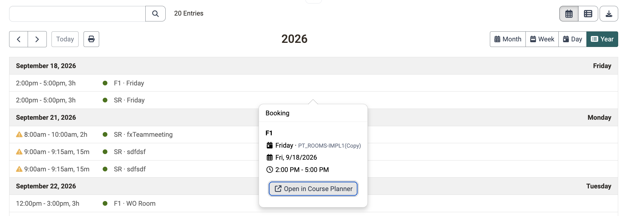 The Booking window with the reference of the room, event, date, time and the action Open in Course Planner, above a booking in the year view