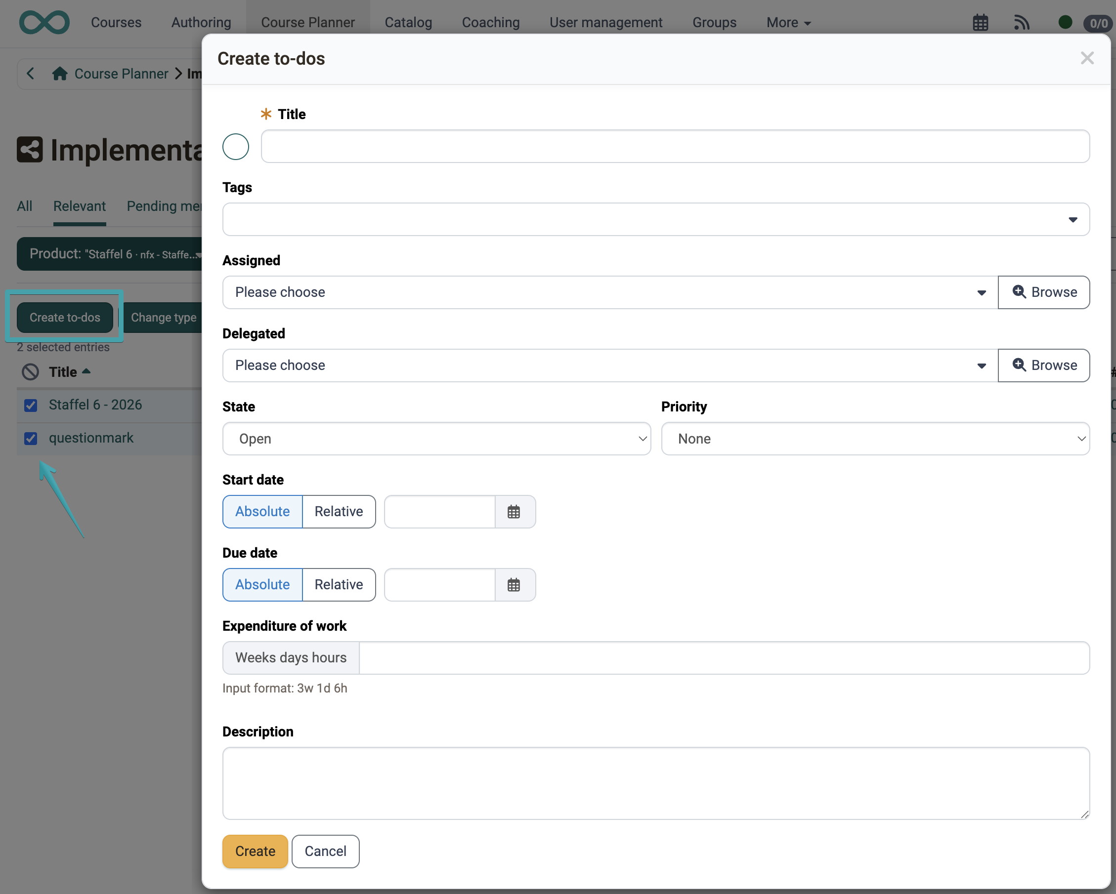 The "Create to-dos" button above the table and the dialog with title, assignment and dates, after selecting two implementations in the implementation overview