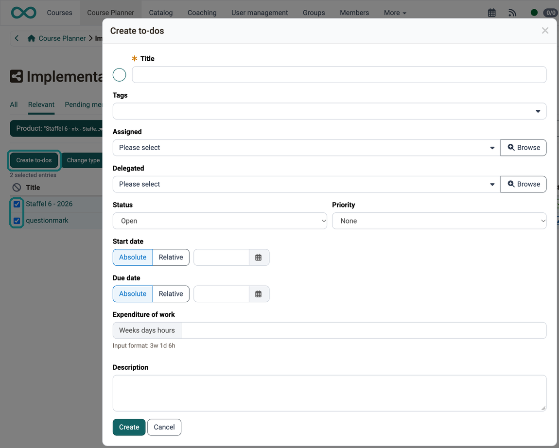Create to-dos dialog in the implementation overview · 2026.10.02 Two selected implementations, the "Create to-dos" button above the table and the dialog without a Context field