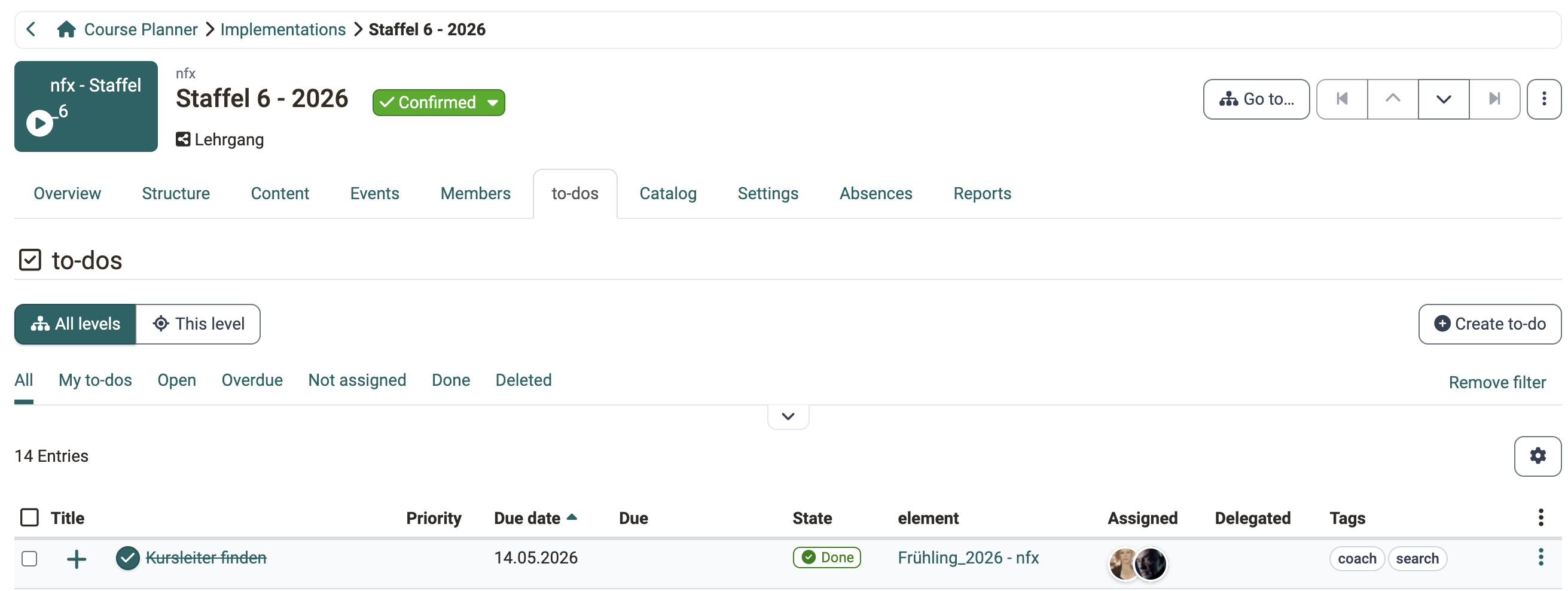 The "To-dos" tab of an implementation with the All levels and This level switches, the quick filters and the Create to-do button