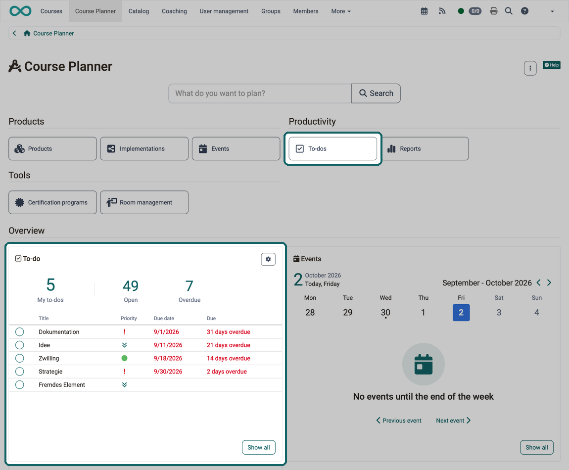 Course Planner start page · 2026.10.02 The "To-dos" button in the Productivity area and the to-do widget with the key figures My to-dos, Open and Overdue, both highlighted