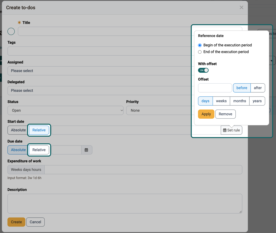 The "Relative" switch for start date and due date and the "Set rule" window with reference date, offset before or after and the units