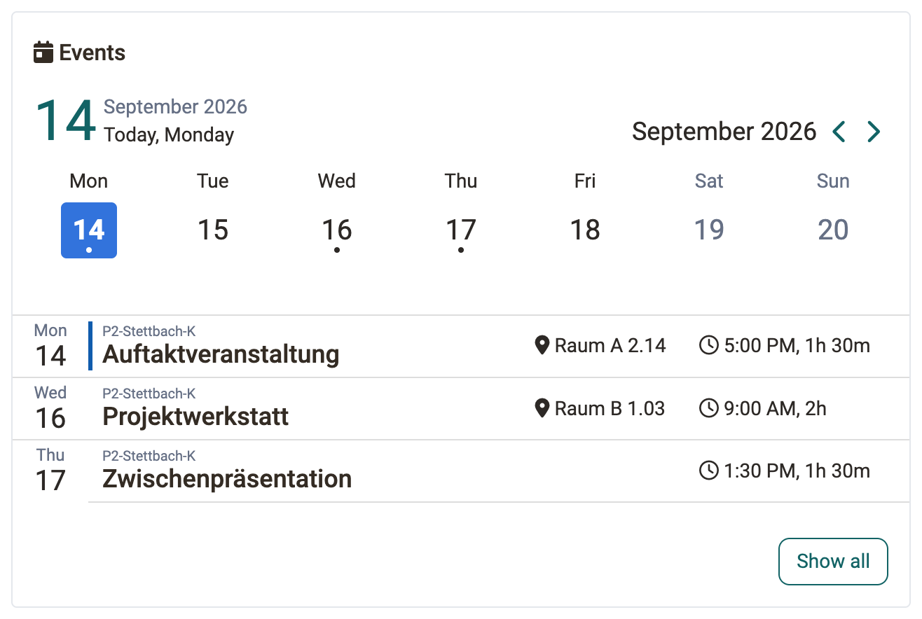 Week bar with dots below the days with events, below it three events with reference, title, location and duration, in the Events widget of the Course Planner