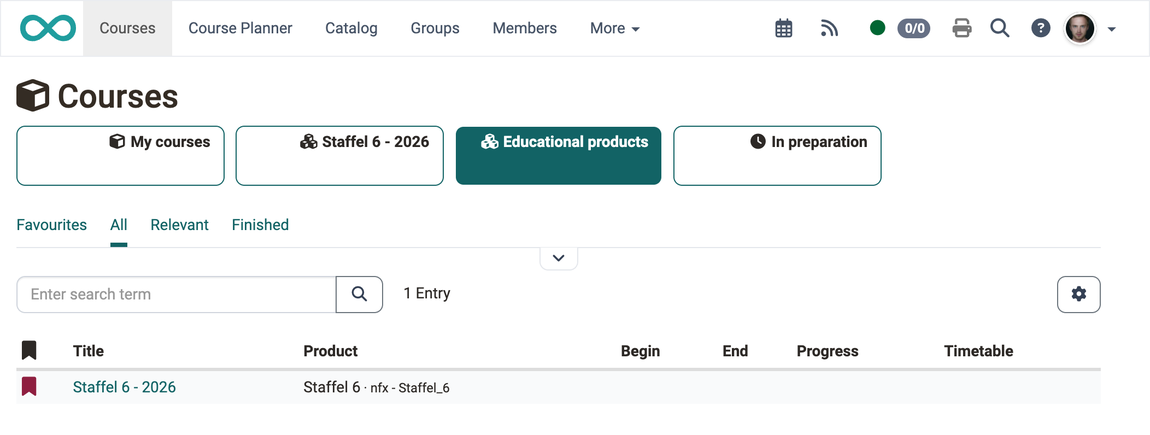 The implementation Staffel 6 - 2026 marked as a favourite stands as its own area before Educational products, Courses menu item