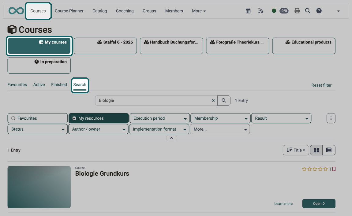 Marked path Courses, My courses and Search, with a keyword, the active filter My resources and one hit as a tile