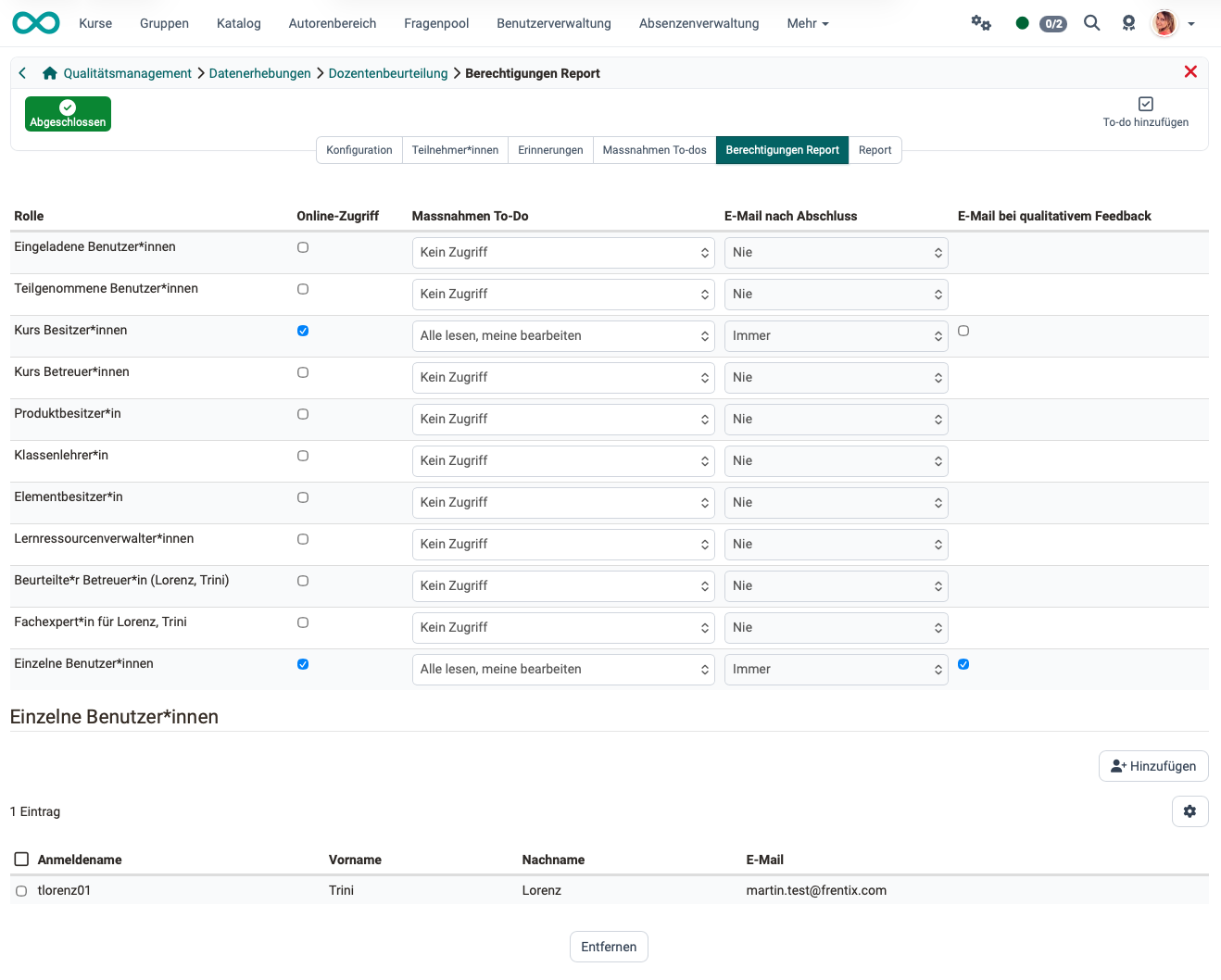 Role table with the columns Online access, Action to-do, Email when done and Email in case of qualitative feedback, below it the section Single users, tab Report access