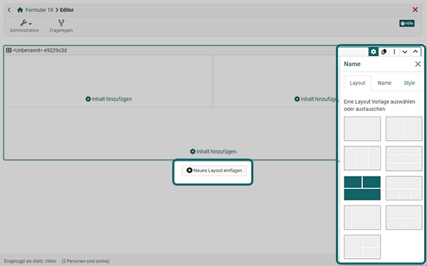 The gear icon opens the inspector with the layout templates, the selected one is marked in turquoise.