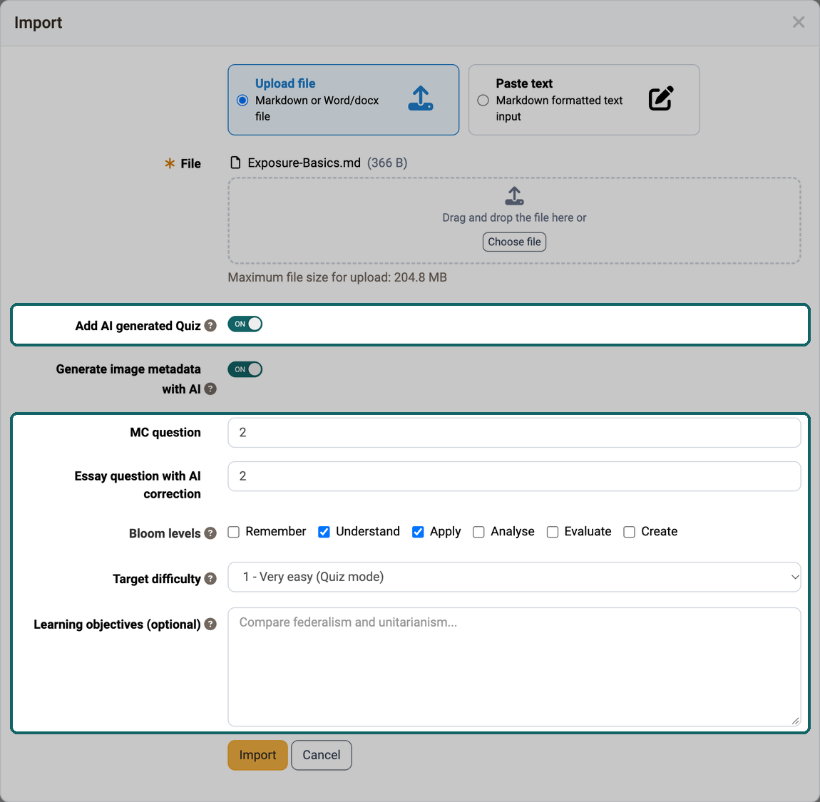 Import dialogue with AI generated quiz · 2026.10.20 The switch Add AI generated Quiz opens the highlighted fields MC question to Learning objectives, in between the switch Generate image metadata with AI