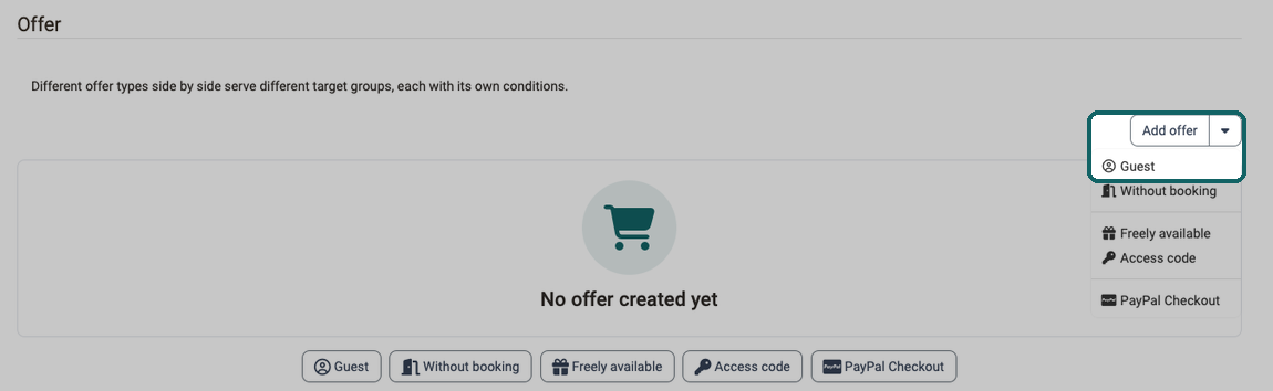 Add offer menu opened in the Offer section, offer type Guest marked, below it the same offer types as buttons