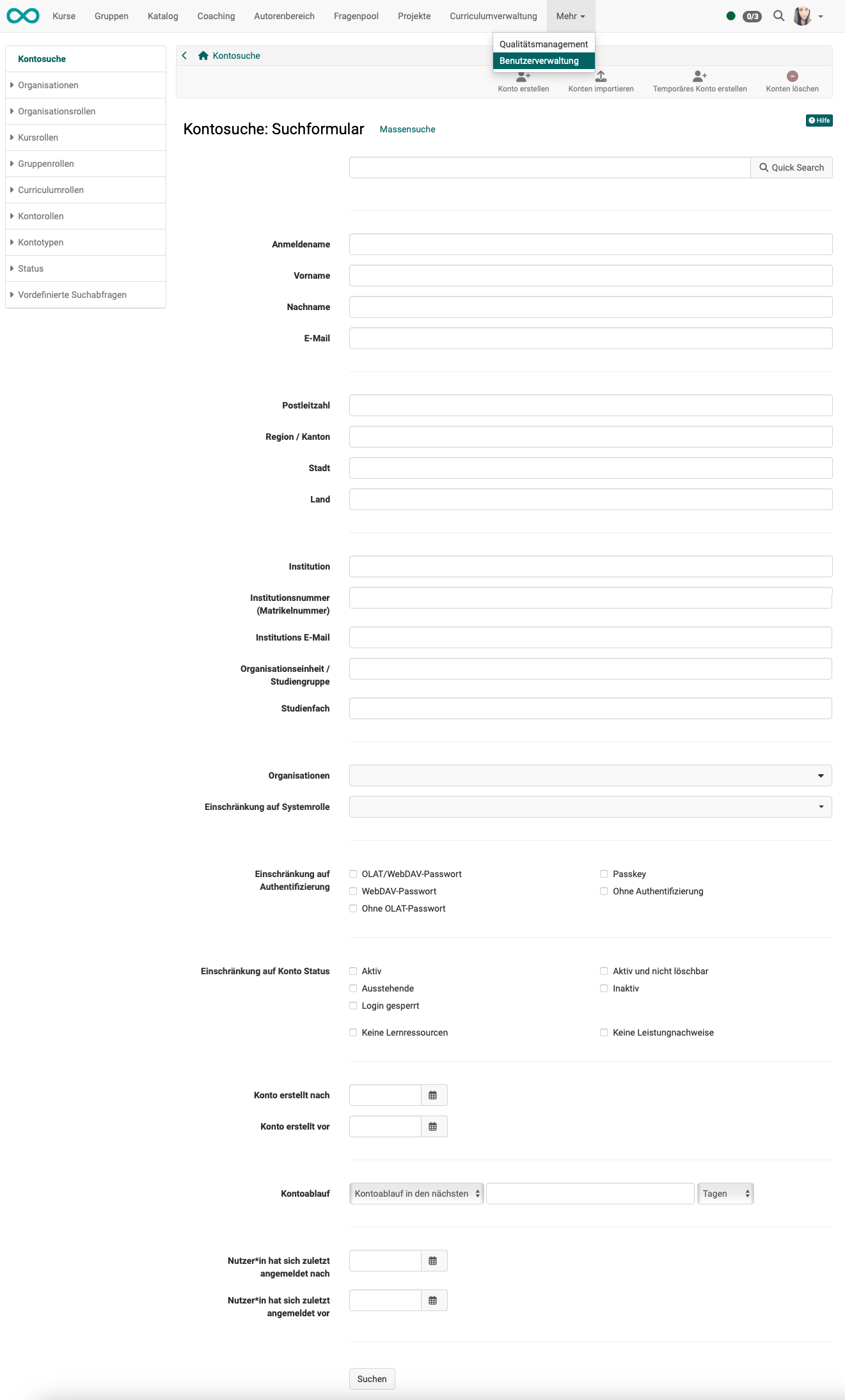 User search with fields for name, address, institution, organisation, system role, authentication, account status and login data as well as the link Bulk search, in user management under More