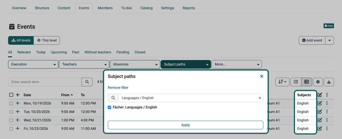 In the list of events of an implementation, the column Subjects is shown and the filter Subject paths is open with the subject English