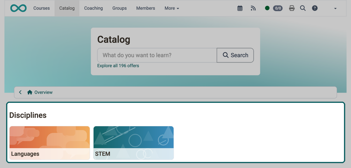 The launcher Disciplines shows the taxonomy levels Languages and STEM as tiles with their teaser image